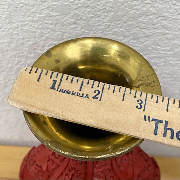 Vintage Cinnabar Red Carved Vase Floral Flower Ornate Brass Inlay 12.5-Inch Vase - Picture 5 of 15